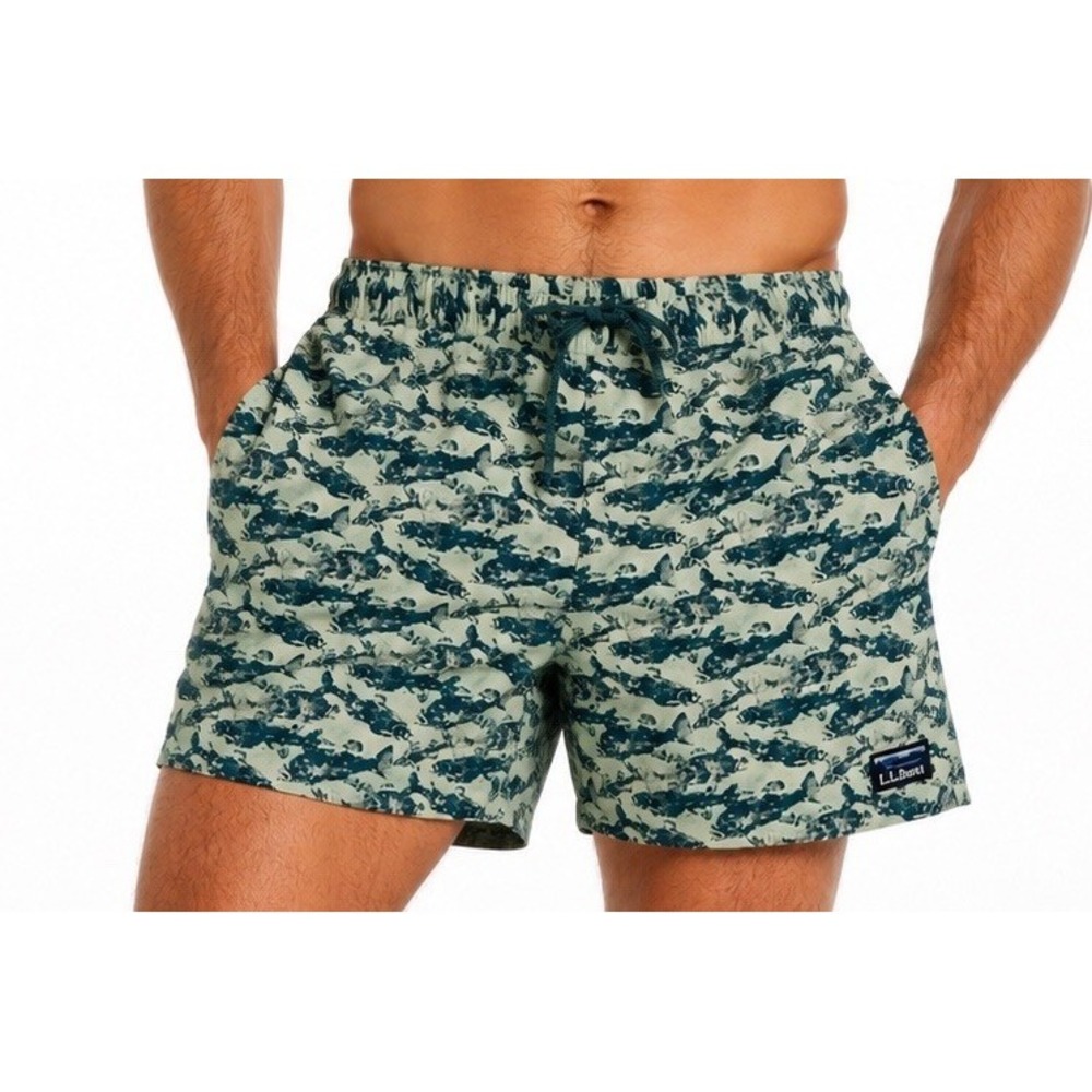 LL Bean Swim Trunks XL Fish Print Pockets UPF NWT Fishing Boating Camping Lake